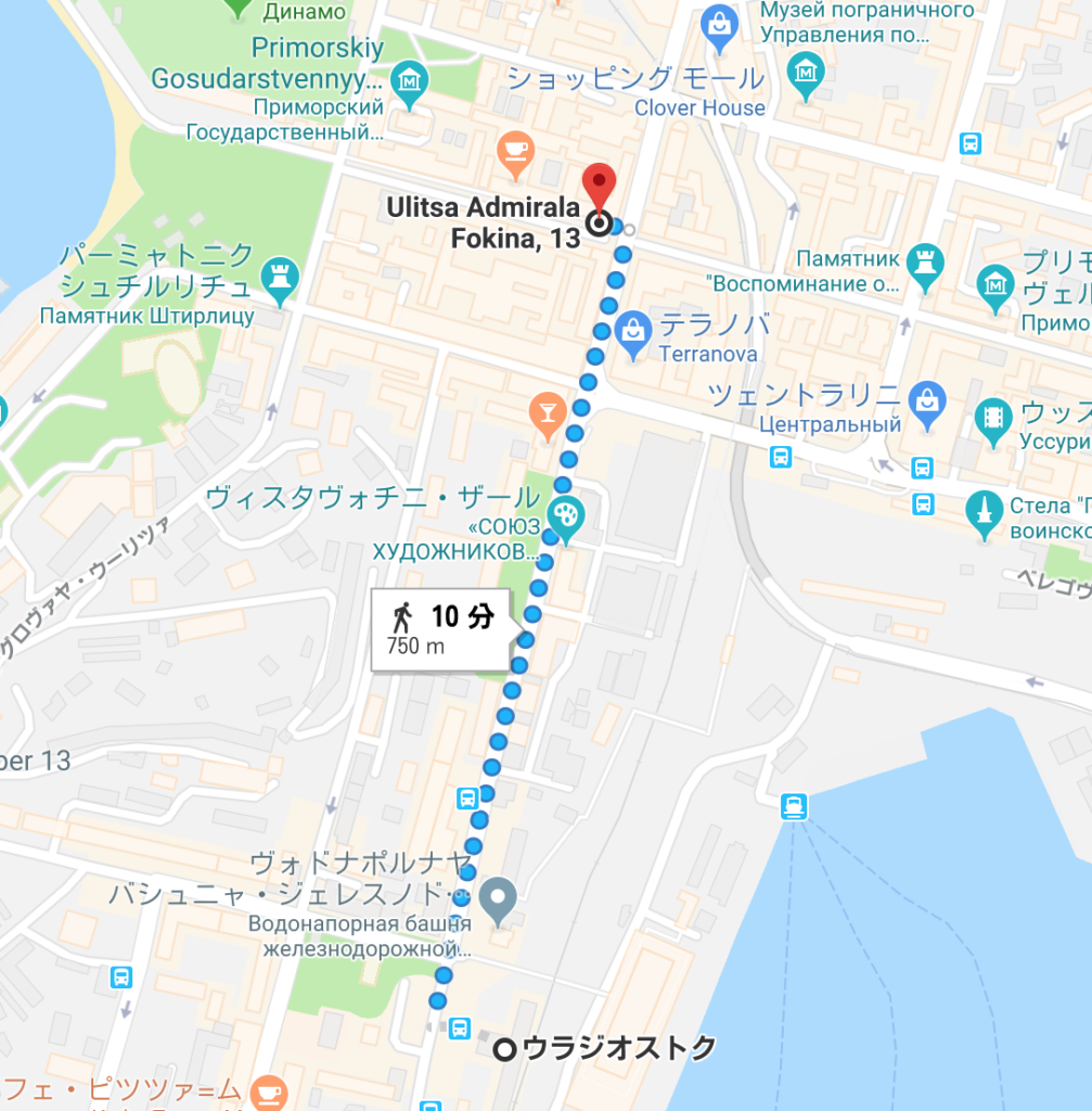 ウラジオストク駅から噴水通りまでの地図